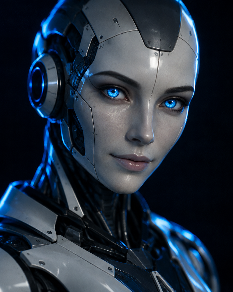 A cinematic close-up of a calm, intelligent robot with glowing blue eyes